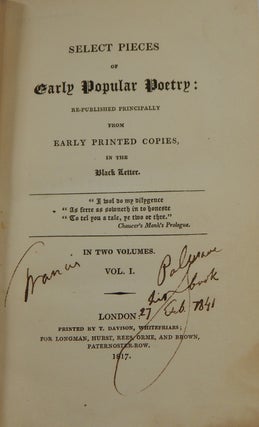 Select Pieces of Early Popular Poetry: Re-published Principally from Early Printed Copies in the Black Letter