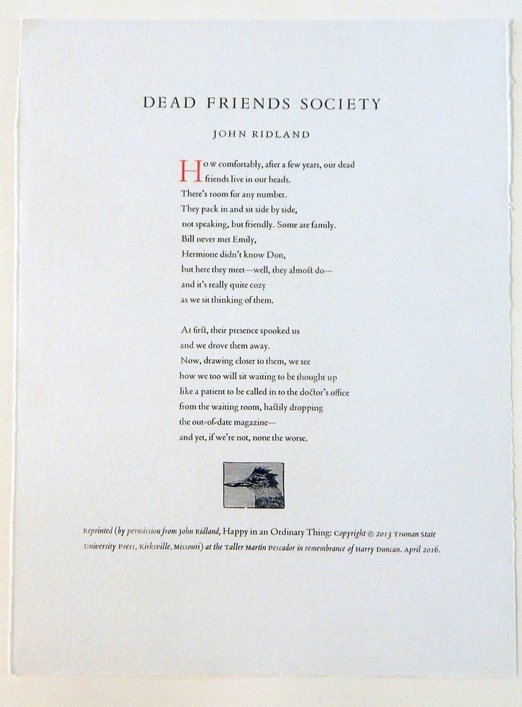 Item #21324 Dead Friends Society. John Ridland.