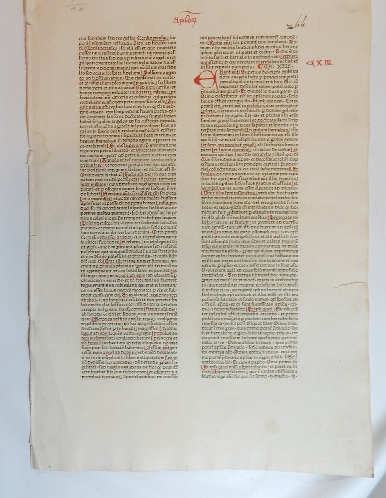 Item #22323 Leaf from a Commentary on the Acts of the Apostles. Bible in Latin: Early Printed Leaf.