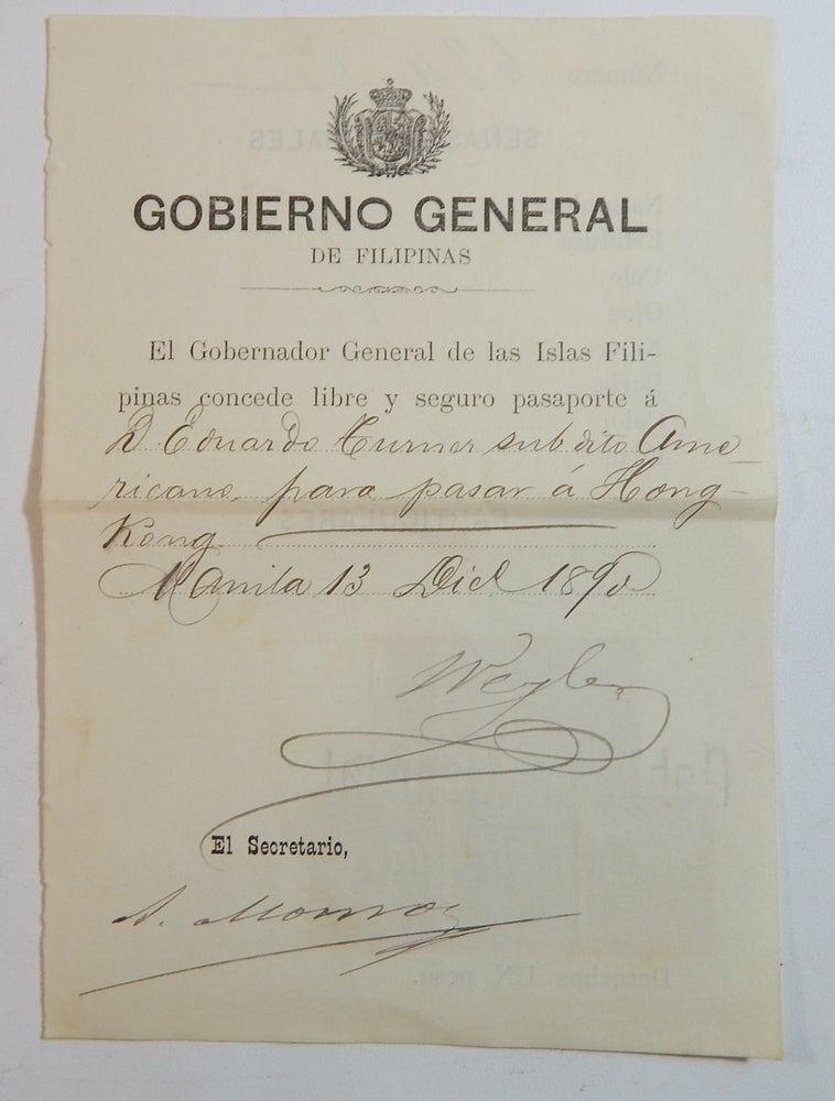 Item #23527 Passport signed by General Weyler as Governor of the Philippines. Valeriano Weyler, 1st Marquis of Tenerife.